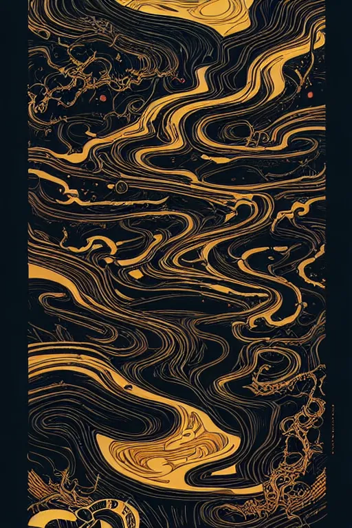 Image similar to beautiful dark chaos, swirling black gold obsidian fluids by James Jean and dan mumford and James Gilleard