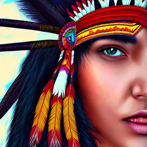 Image similar to portrait of native american girl with head dress in the style of artgerm, digital art, close-up, insanly detailed