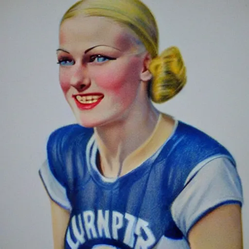 Image similar to a 1 9 3 0 s ultra - realistic color portrait. happy, healthy, beautiful, smiling, young, sporty, blonde, blue - eyed woman in decent athletic wear. hyper - realistic detailed drawing