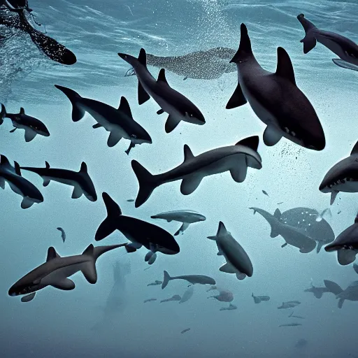 Image similar to a grouping of sharks being spun around in the air of a tornado, so the sharks are swimming and traveling in a vortex above the ocean water