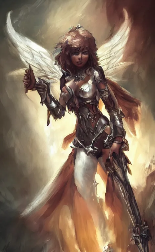 Prompt: Concept art, angel knight girl, artstation trending colaboration with Joseph Mallord William Turner, highly detailded