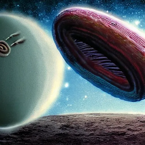 Image similar to a giant space worm eating the planet earth. horror science fiction film