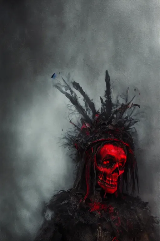 Prompt: the ghost - spirit of the grim - hatter wears the scarlet skull armor and blood headdress, midnight fog - mist!, dark oil painting colors, realism, cinematic lighting, various refining methods, micro macro autofocus, ultra definition, award winning photo