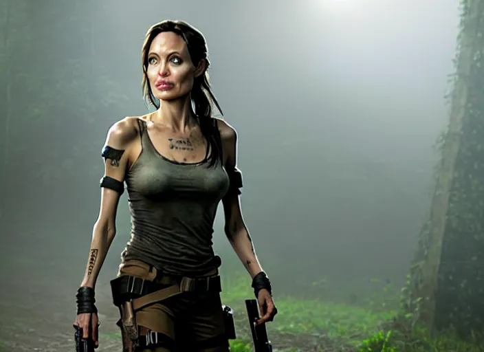 Image similar to film still of!!!! angelina jolie!!! as lara croft in new tomb raider movie, 8 k