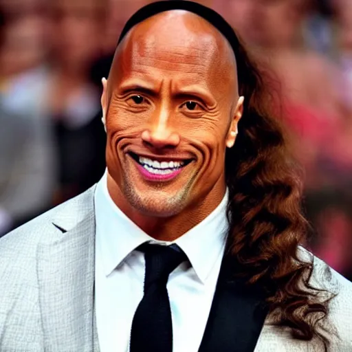 Prompt: photo of Dwayne Johnson with long curly blond hair