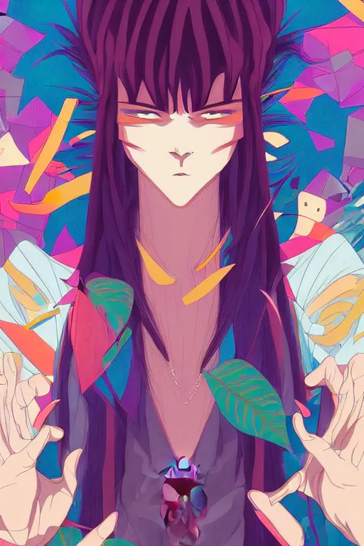 Image similar to abstract portrait, 9 0 s anime art, floating detailes, very detailed face, leaves by miyazaki, colorful palette illustration, kenneth blom, mental alchemy, james jean, pablo amaringo, naudline pierre, contemporary art, hyper detailed