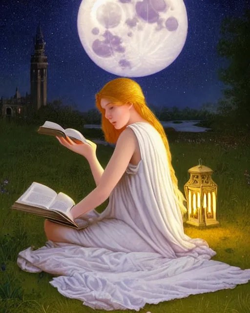 Image similar to girl in white nightgown reading a book by the river, a full moon on the horizon, dark starry sky, dreamy fantasy ambience with golden orbs and fireflies, detailed gothic illustration bright moon light, by edmund blair leighton, brom, charlie bowater, face by otto schmidt