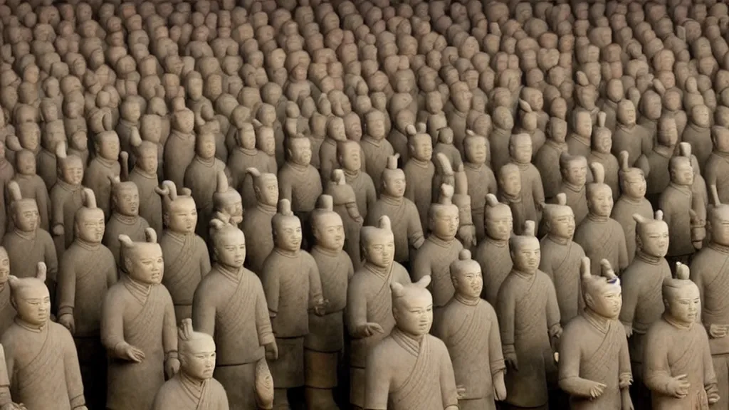 Image similar to A terracotta army of David Byrne in big suits, vintage photograph