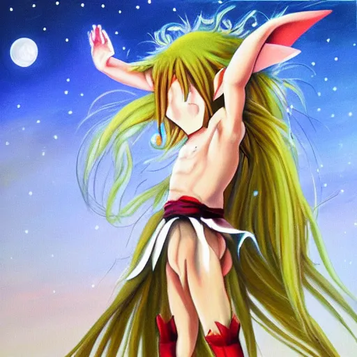 Image similar to oil painting of a long hair anime ELF dancing in the moonlight l Trending on Pixiv