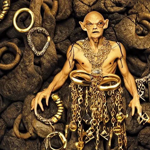 Image similar to Gollum covered in rings and gold chains and medallions in a dark forest, cinematic, foggy atmosphere, enthusiastically showing off his jewelry, photograph