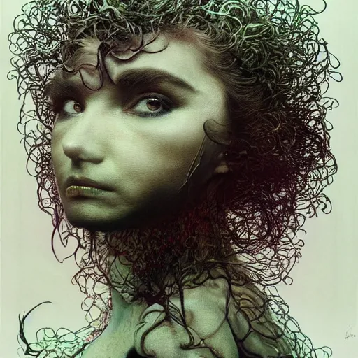 Image similar to bjork by zdzisław beksinski, iris van herpen, raymond swanland and alphonse mucha. highly detailed, hyper - real, beautiful