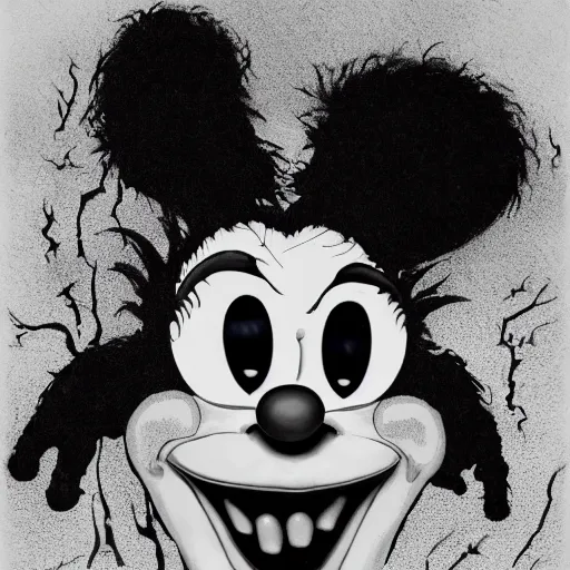 Image similar to A extremely highly detailed majestic hi-res beautiful, highly detailed head and shoulders portrait of a scary terrifying, horrifying, still of a creepy black cartoon clown rabbit in eraserhead with scary big eyes, earing a shirt laughing, hey buddy, let's be friends, in the style of Walt Disney animation