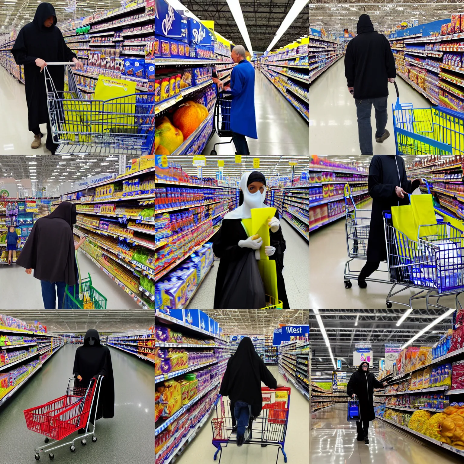 Prompt: the grim reaper shopping at walmart, high quality photography