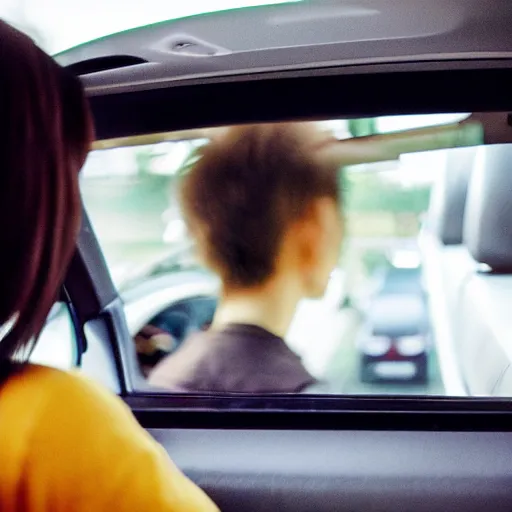 Prompt: two people sitting next to each other in a car, camera view shot from low inside the door of the car, anime style, 5 0 mm lens