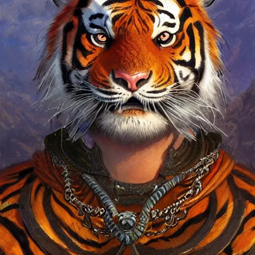 Prompt: Swordman with the head of a tiger wearing an ornate cloak as a fantasy D&D character, portrait art by Donato Giancola and James Gurney, digital art, trending on artstation