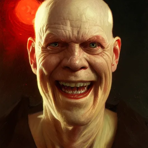 Image similar to portrait of a red bald man with black eyes and a black smile, horror, glowing eyes, by Stanley Artgerm Lau , greg rutkowski, thomas kindkade, alphonse mucha, loish, norman rockwell. Trending on artstation detailed illustration hd 4k