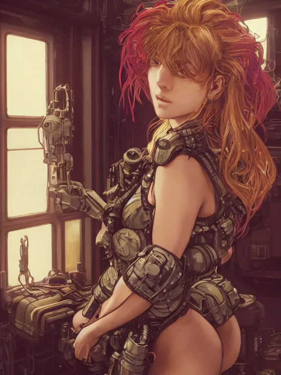 Image similar to full body picture of a biopunk powered suite girl looking at the camera, cynical, bored, being tired at war, beautiful and aesthetic, intricate, unreal engine, messy hair, highly detailed, detailed face, smooth, sharp focus, chiaroscuro, manga illustration, artgerm, greg rutkowski, alphonse mucha, young adult light novel cover art