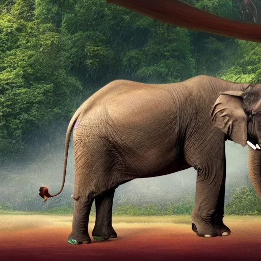 Image similar to elon musk as an elephant, rainforest, tesla, rain, thunder, trees, foliage