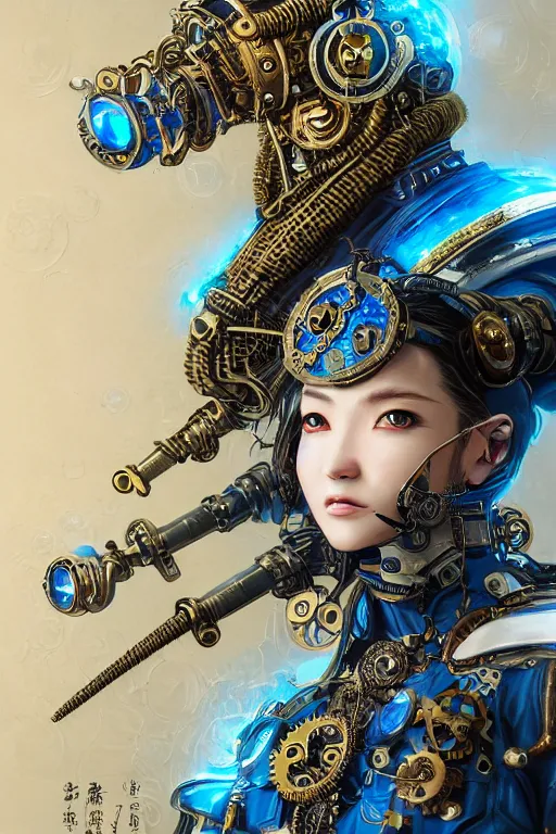 Image similar to Portrait of a steampunk sci-fi cyborg samurai, third person, D&D, sci-fi fantasy, intricate, blue and gold, highly detailed , art by Range Murata, highly detailed, 3d, octane render, bright colors, digital painting, trending on artstation, sharp focus, illustration style of Stanley Artgerm,