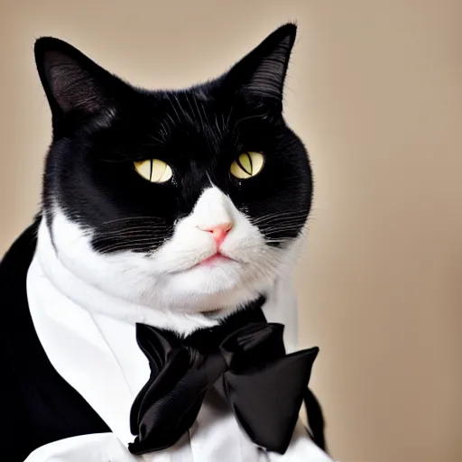 Image similar to a very fat and judgmental cat wearing a full tuxedo, sitting in a dimly lit parlor lounge, photograph!