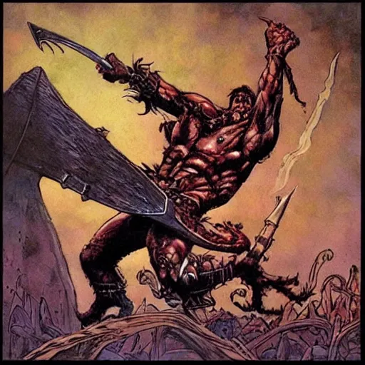 Image similar to “ conan the barbarian attacks a giant spider with red eyes ” val semeiks, barry windsor smith, john buscema, ernie chan, earl norem.