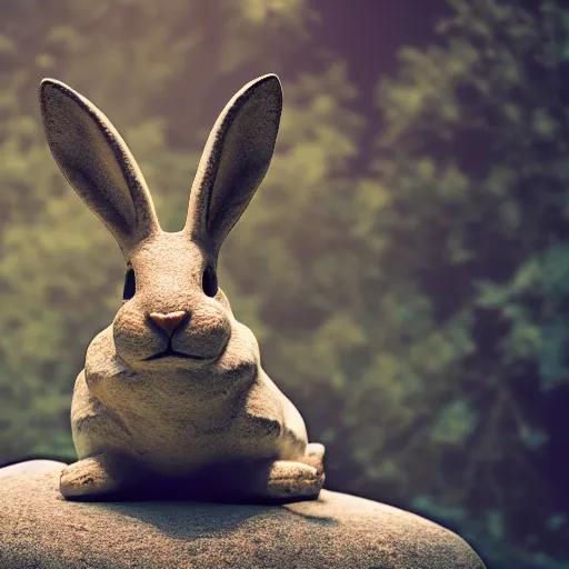 Prompt: bunny sitting on rock, horrifying, hyper realism, scp, 8 k, dslr, dynamic lighting, epic background,