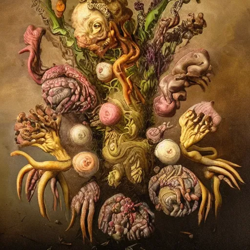 Image similar to disgusting disturbing dutch golden age bizarre mutant flower floral still life with many human toes very detailed fungus disturbing tendrils bizarre slimy forms sprouting up everywhere by rachel ruysch black background chiaroscuro dramatic lighting perfect composition high definition 8 k 1 0 8 0 p