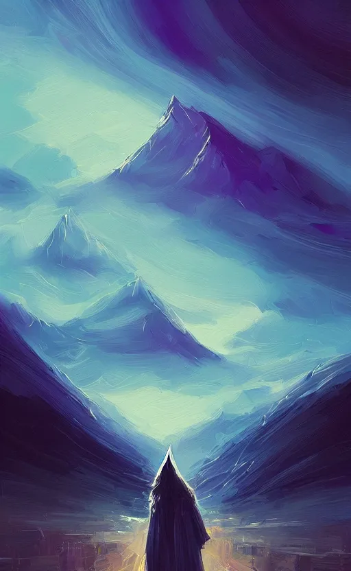 Image similar to a beautiful portrait of gandalf, art of alena aenami, featured on artstation, vertical orientation, paint brush strokes, expressionism, brushstroke - laden, breathtaking clouds, long exposure, midnight theme, blue purple gradient