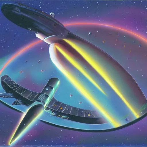 Image similar to starship during reentry of earth atmosphere, 1 9 8 0 s concept art, vintage, high saturation colors, high quality, hand drawn