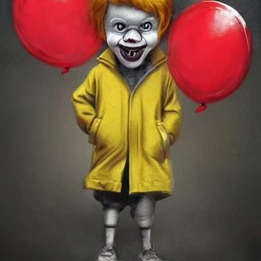 Prompt: surrealism grunge cartoon portrait sketch of a little boy with a wide smile wearing a yellow raincoat with a red balloon by - michael karcz, loony toons style, pennywise style, horror theme, detailed, elegant, intricate