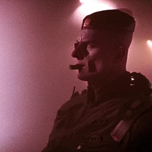 Image similar to rock - man as a soldier smoking a cigarette, still from the movie universal soldier, still from the movie terminator, fog, dramatic lighting, cinematic, 4 k, full body shot, backlit, rim lighting, full body photgraph, shap, football armor, cyberpunk, bladerunner, extreme detail, light rain, trending on artstation, spot light