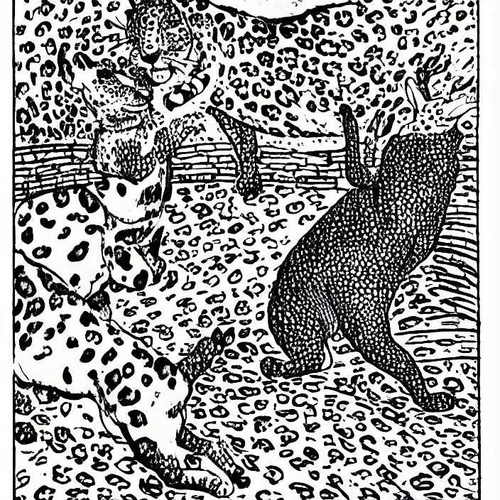 Image similar to a still frame from comic strip, leopard dancing with rabbit 1 9 5 0, herluf bidstrup, new yorker illustration, monochrome contrast bw, lineart, manga, tadanori yokoo, simplified,