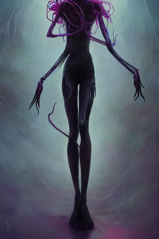 Image similar to portrait of an elegant alien spider queen, long legs, many legs, spindly legs, full body character concept art, by artgerm, tom bagshaw, gerald brom, vaporwave colors, lo - fi colors, vaporwave, lo - fi, moody vibe, goth vibe, 4 k, hd,