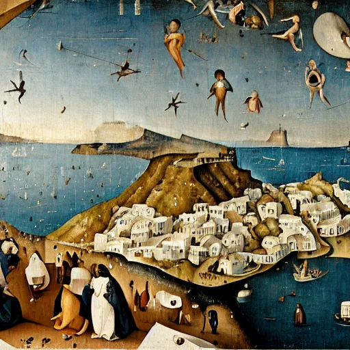 Image similar to santorini in the style of hieronymus bosch