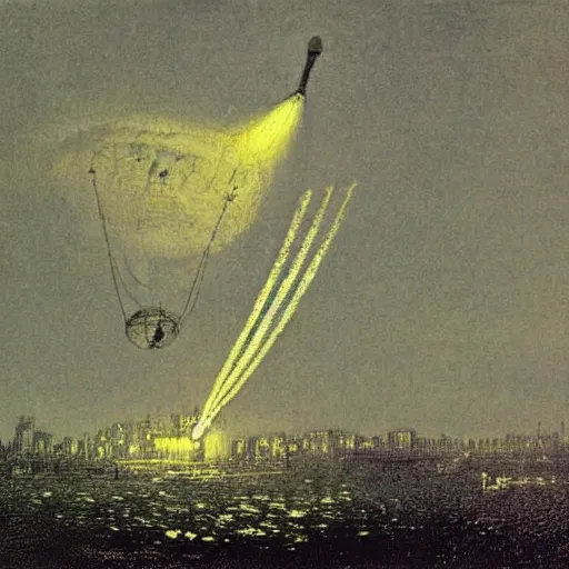 Prompt: An airship caught in searchlight beams during an air raid on London in the style of John Atkinson Grimshaw