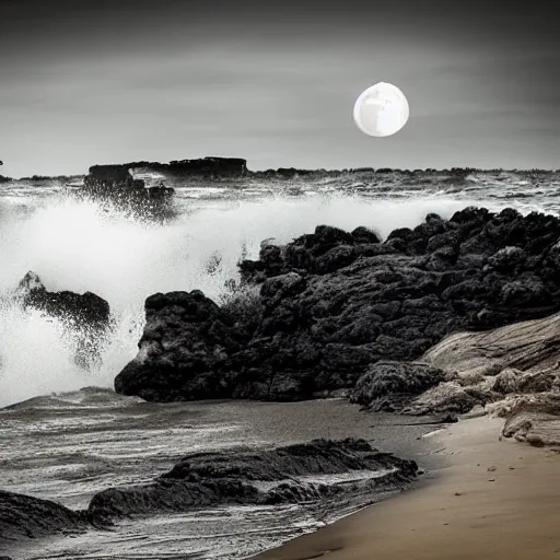 Image similar to waves crashing on a beach at night, moon, lava rock, small house