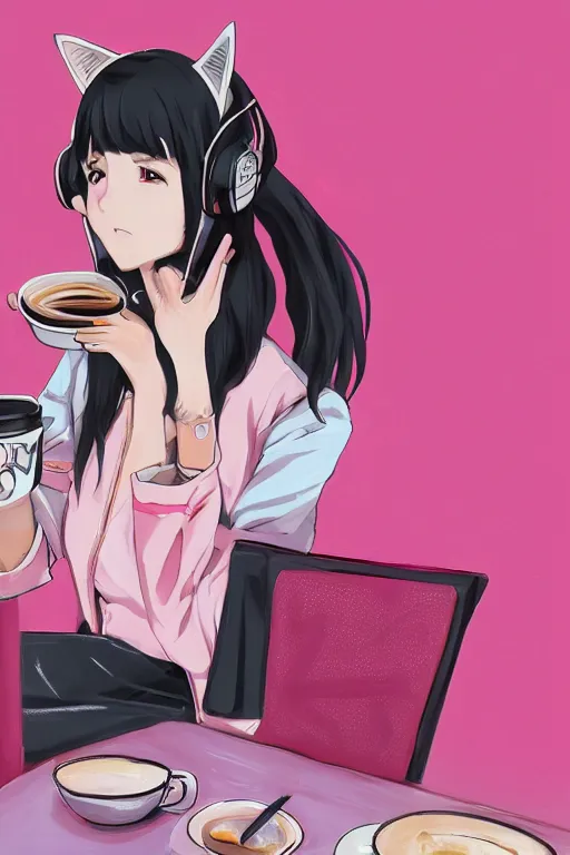 Image similar to anime girl wearing pink jacket and cat ear headphones having coffee at a coffee shop in tokyo, aesthetic, wlop, digital painting, trending on artstation, highly detailed, epic composition, 8 k uhd