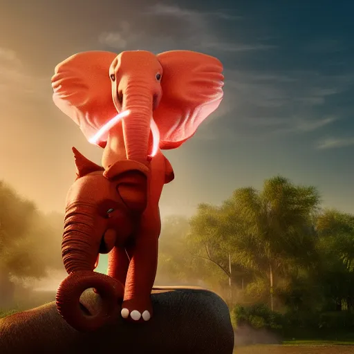 Prompt: a hyperrealistic photograph 3D octane render of a small red cat riding on a huge elephant in the park on a sunny day, trending on artstation, 4K, dramatic lighting, glowing, volumetric lighting, ray tracing, unreal engine