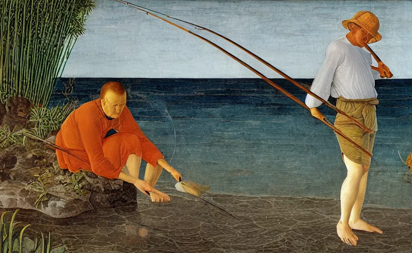 Image similar to painting of Urho Kekkonen fishing in Hawaii by Sandro Botticelli, clear texture, calm, pastel colors