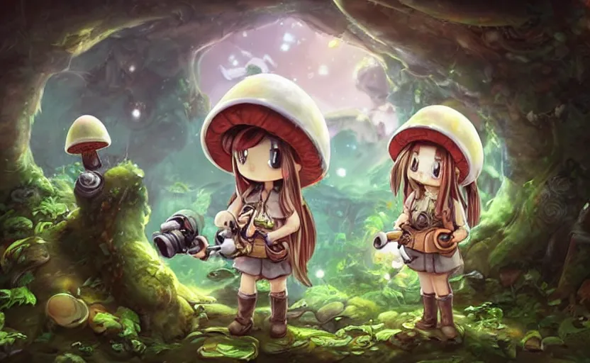 Image similar to cute little girl with an long hair wearing an mushroom hat and holding an cute cannon in the dark forest next to a sinister monster, cute artwork, clean detailed art, inspired made in abyss, detailed background, fantastic world, spectacular quality