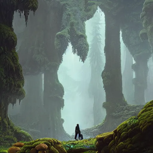 Prompt: horrible surreal mushrooms overwhelming redwood forest, creeping fig vines, ferns and waterfalls shadow of the colossus screenshot by j. c. leyendecker, simon stalenhag, studio ghibli, barlowe, audobon and beksinski