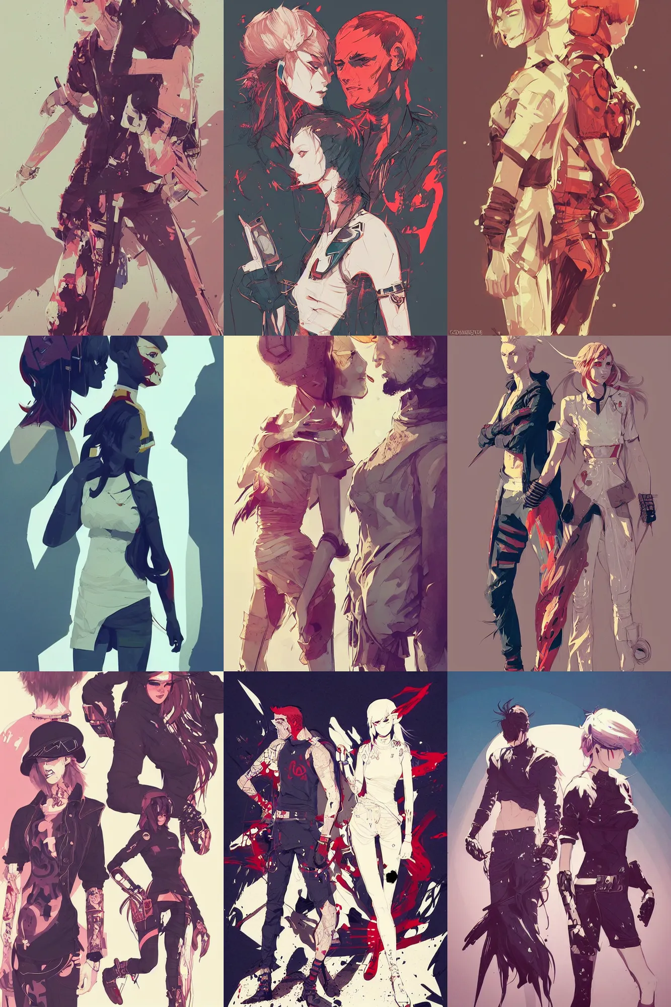 Image similar to concept arts of fashionable male and female fighters wearing trendy outfit, video game characters designs, by conrad roset, fiona staples, wlop, intricate, elegant, highly detailed, stylized, digital art, artstation, concept art, sharp focus, illustration, beautiful sunlight and shadows