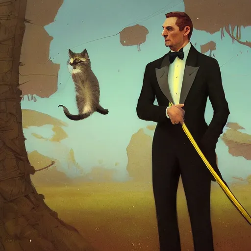 Prompt: simple clear face head eyes fuzzy ears kitty cat tabby costumed international spy 007 goldfinger james bond wearing a tuxedo brandishing a sword jordan grimmer maxfield parrish tom bagshaw Anato Finnstark Ismail Inceoglu 4k artstation