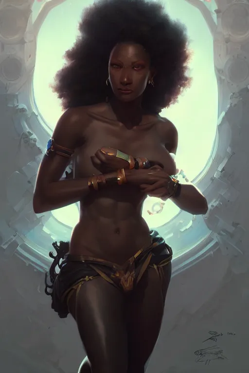 Image similar to A beautiful black female, highly detailed, digital painting, artstation, concept art, smooth, sharp focus, illustration, Unreal Engine 5, 8K, art by Ross Tran and greg rutkowski and alphonse Mucha