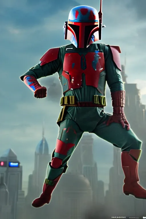 Image similar to boba fett mixed with spiderman, digital art, movie still from thor ragnarok, insane detail