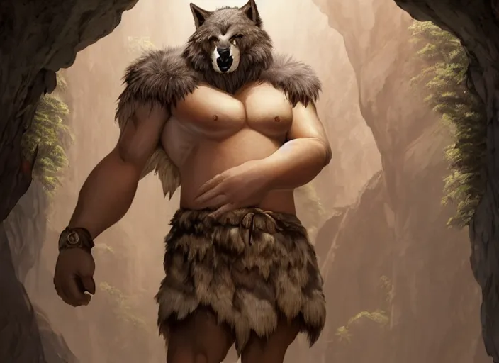 Image similar to burly tough character feature portrait of the anthro male anthropomorphic wolf fursona animal person wearing tribal primitive caveman loincloth outfit full wolf fur body standing in the entrance to the cave, head center framed character design stylized by charlie bowater, ross tran, artgerm, makoto shinkai, detailed, soft lighting, rendered in octane