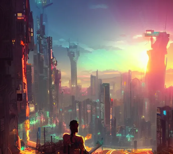 Image similar to cyberpunk fantasy world with beautiful sunse, amazing digital art, trending on artstation