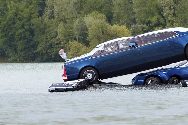 Image similar to Teenagers push Rolls-Royce into lake with their hands from a small slide wanting to drown him