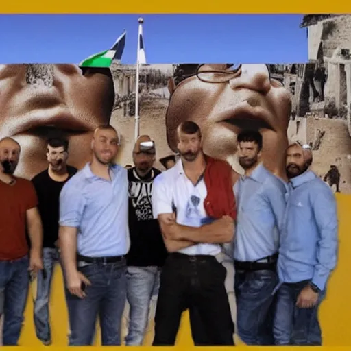 Image similar to a group of men holding another man's nose, his nose is 3 meters wide, super realistic, in the background is the israeli flag, very detailed.