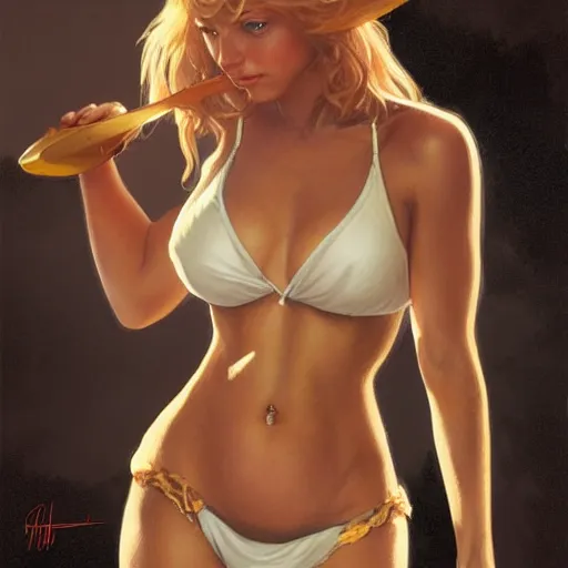 Image similar to a young latina wearing bikini, blonde, young simon baker, D&D, fantasy, portrait, highly detailed, digital painting, artstation, concept art, sharp focus, illustration, art by artgerm and greg rutkowski and alphonse mucha